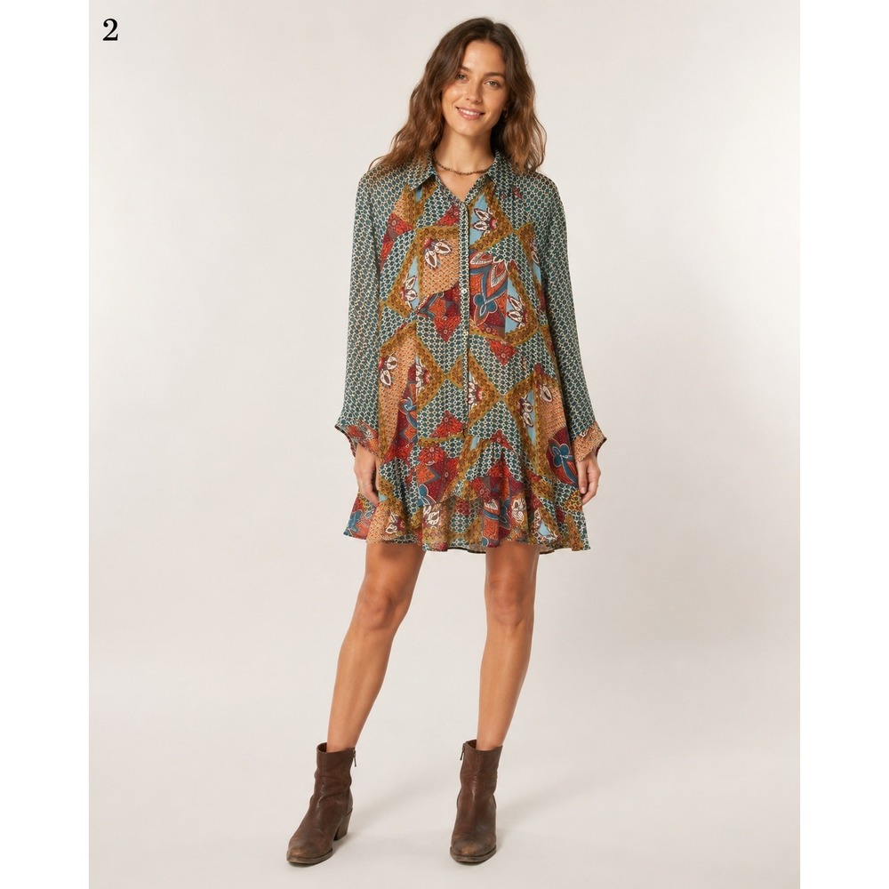 Cato Button Front Shirt Women Large Green Red Sheer Polyester Artsy Boho Western